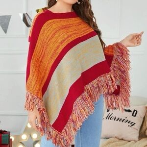 Tracy Fringe Trim Sweater Knit Poncho